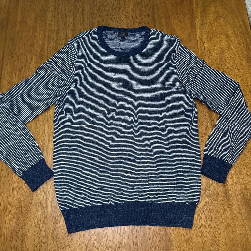 J Crew Mens M Navy Blue Ivory Striped Cotton Crewneck Sweater Pullover Preppy